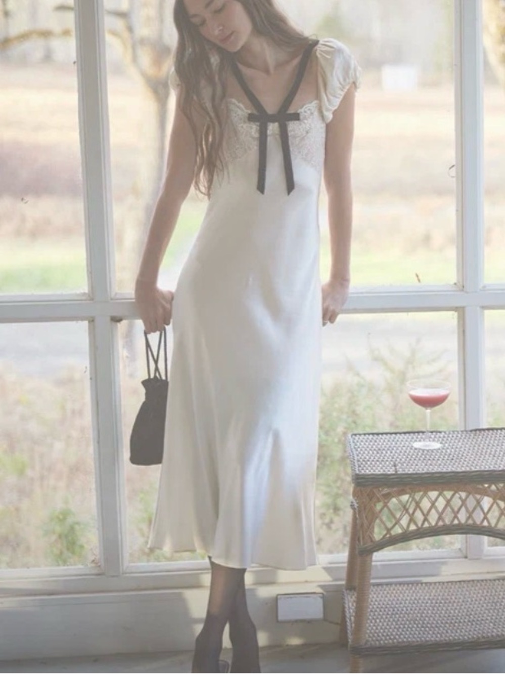Cream Lace-Trim Maxi Dress with Black Strap Detail
